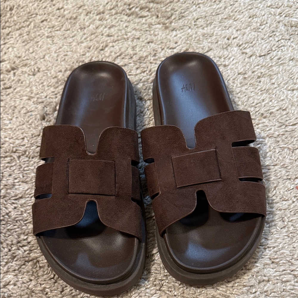 H&M women Dark Brown Suede Slide Sandals